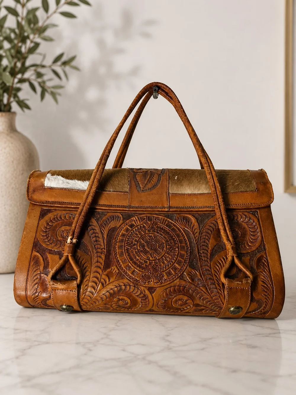 Vintage Handmade Real Calf Hair Leather Purse Bag Floral Mexico Boho Western